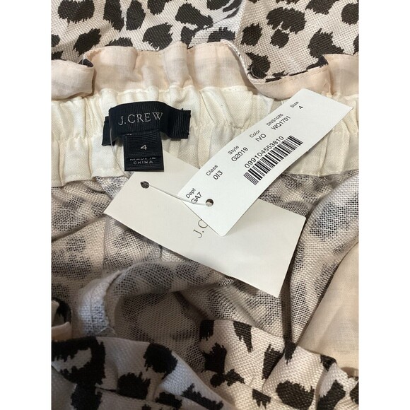 J. Crew Pants Brown Ivory Leopard Print Easy Linen Pull On Trousers 4 Ruffle - Picture 7 of 8